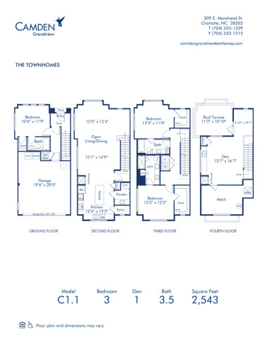 Blueprint of C1.1 Floor Plan, 3 bedroom and 3.5 bathroom apartment home at Camden Grandview Townhomes in Charlotte, NC