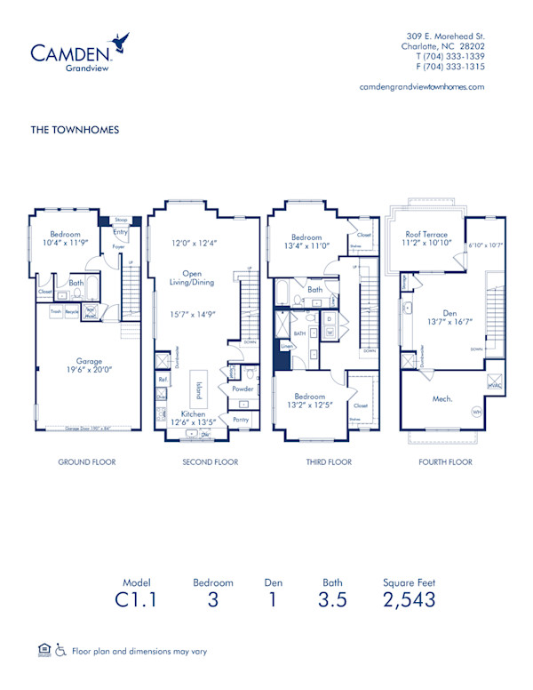 Blueprint of C1.1 Floor Plan, 3 bedroom and 3.5 bathroom apartment home at Camden Grandview Townhomes in Charlotte, NC