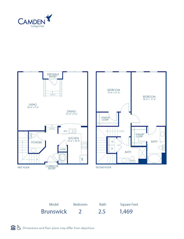 Blueprint of Brunswick Floor Plan, 2 Bedrooms and 2.5 Bathrooms at Camden College Park Apartments in College Park, MD