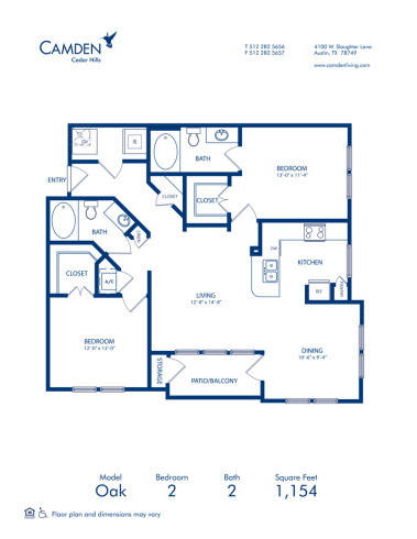 Blueprint of Oak Floor Plan, 2 Bedrooms and 2 Bathrooms at Camden Cedar Hills Apartments in Austin, TX