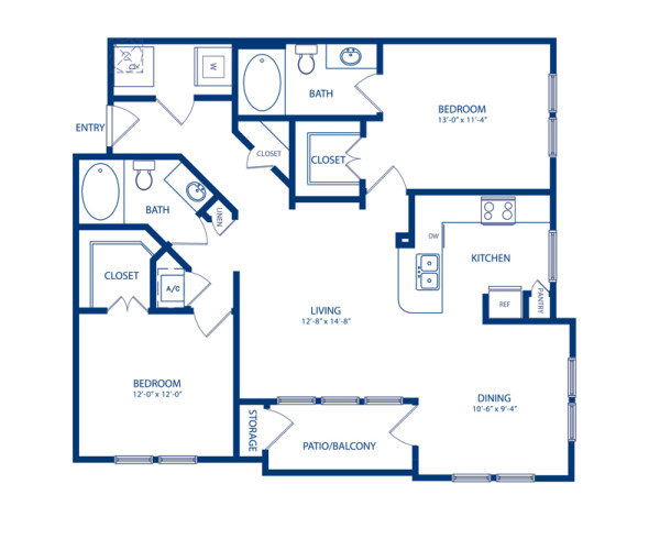 Blueprint of Oak Floor Plan, 2 Bedrooms and 2 Bathrooms at Camden Cedar Hills Apartments in Austin, TX