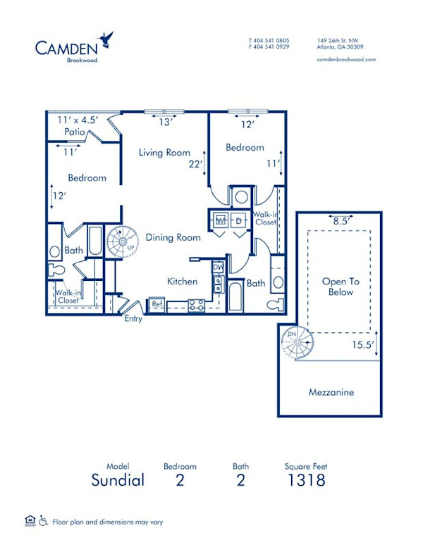 Blueprint of Sundial Floor Plan, 2 Bedrooms and 2 Bathrooms at Camden Brookwood Apartments in Atlanta, GA