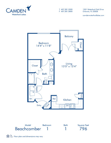 Blueprint of Beachcomber Floor Plan, 1 Bedroom and 1 Bathroom at Camden Waterford Lakes Apartments in Orlando, FL