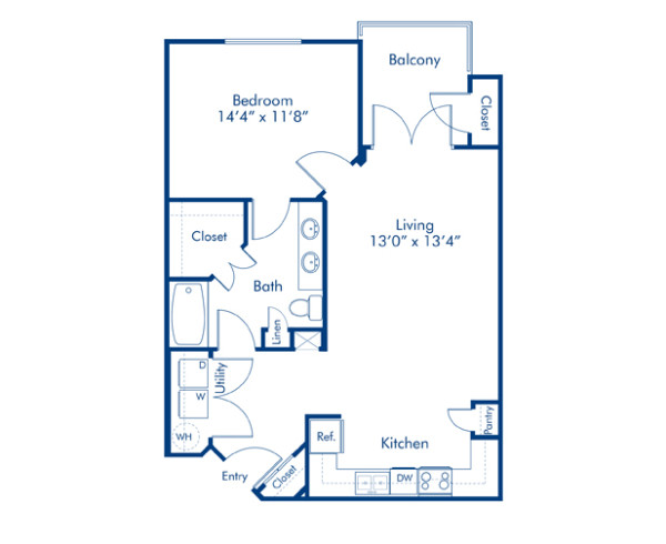 Blueprint of Beachcomber Floor Plan, 1 Bedroom and 1 Bathroom at Camden Waterford Lakes Apartments in Orlando, FL