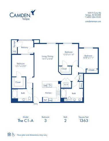 Blueprint of The C1H Floor Plan, 3 Bedrooms and 2 Bathrooms at Camden Tempe Apartments in Tempe, AZ