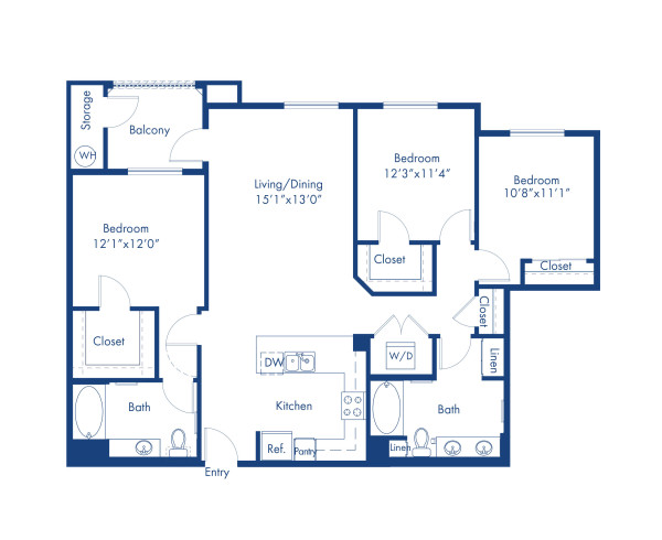 Blueprint of The C1H Floor Plan, 3 Bedrooms and 2 Bathrooms at Camden Tempe Apartments in Tempe, AZ
