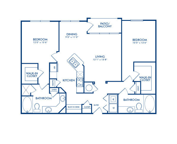 Blueprint of The Waverly Floor Plan, 2 Bedrooms and 2 Bathrooms at Camden Heights Apartments in Houston, TX