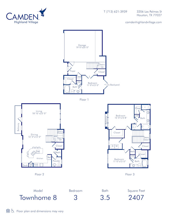 Camden Highland Village apartments in Houston, TX three bedroom townhome 8 blueprint