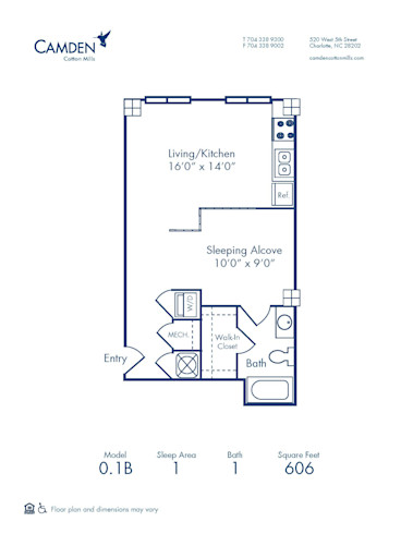 Blueprint of 0.1B Floor Plan, Studio with 1 Bathroom at Camden Cotton Mills Apartments in Charlotte, NC