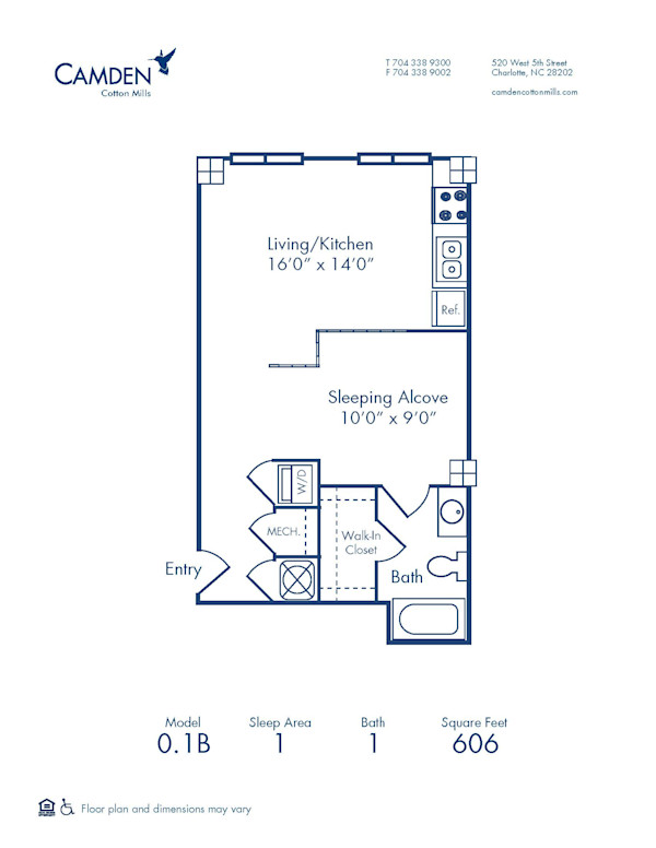 Blueprint of 0.1B Floor Plan, Studio with 1 Bathroom at Camden Cotton Mills Apartments in Charlotte, NC