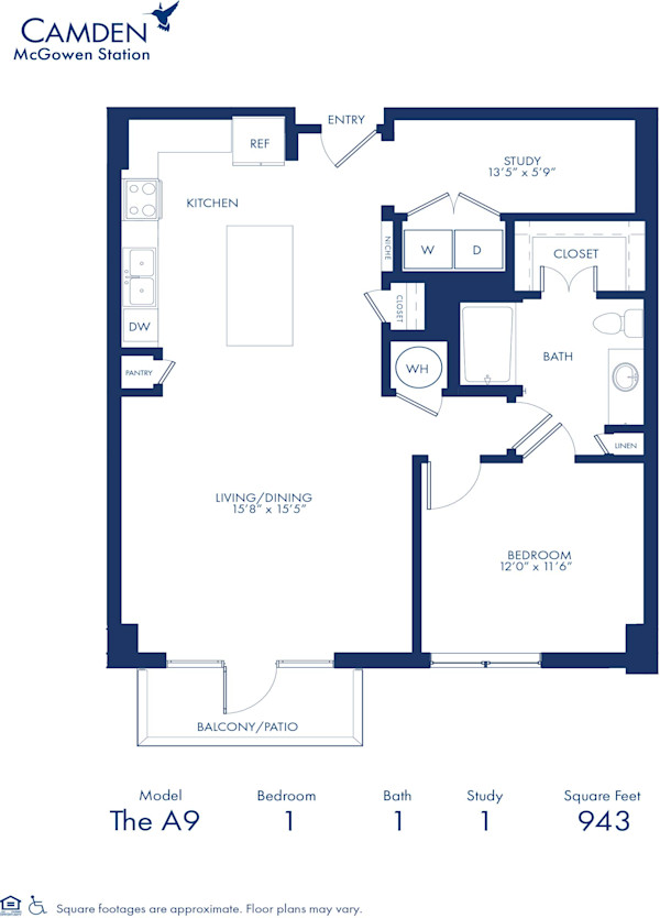 Blueprint of A9 Floor Plan, One Bedroom and One Bathroom Apartment at Camden McGowen Station Apartments in Midtown Houston, TX