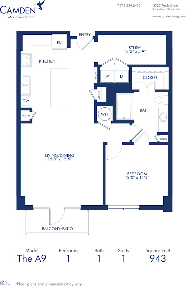 Blueprint of A9 Floor Plan, One Bedroom and One Bathroom Apartment at Camden McGowen Station Apartments in Midtown Houston, TX