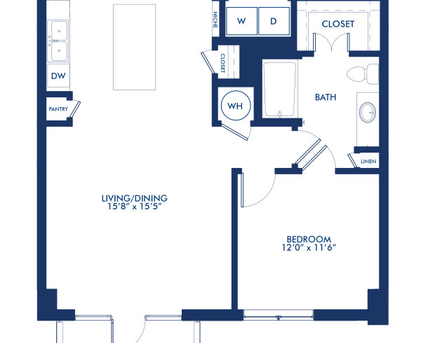 Blueprint of A9 Floor Plan, One Bedroom and One Bathroom Apartment at Camden McGowen Station Apartments in Midtown Houston, TX