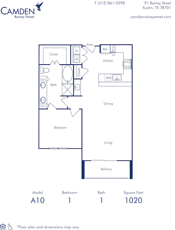 Camden Rainey Street apartments in Austin, TX one bedroom floor plan A10