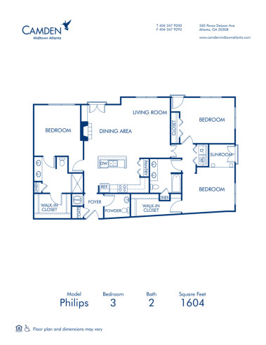 Blueprint of Philips Floor Plan, 3 Bedrooms and 2.5 Bathrooms at Camden Midtown Atlanta Apartments in Atlanta, GA