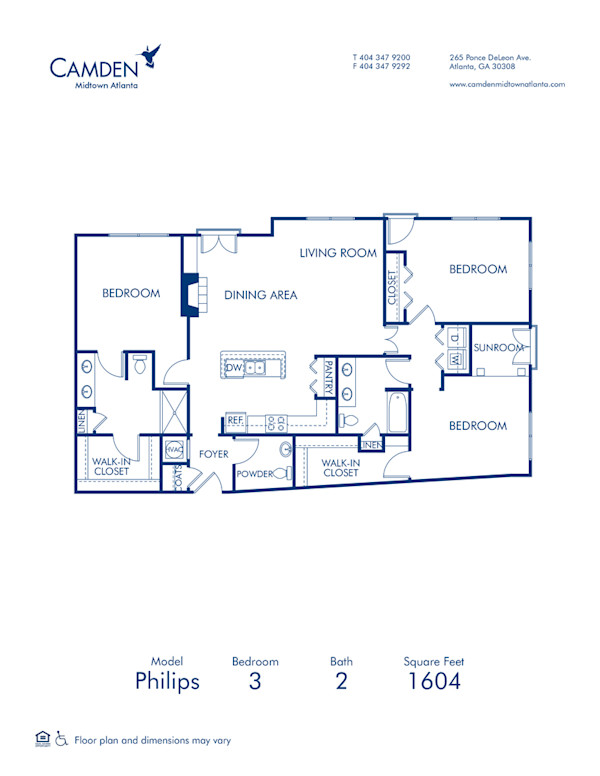 Blueprint of Philips Floor Plan, 3 Bedrooms and 2.5 Bathrooms at Camden Midtown Atlanta Apartments in Atlanta, GA