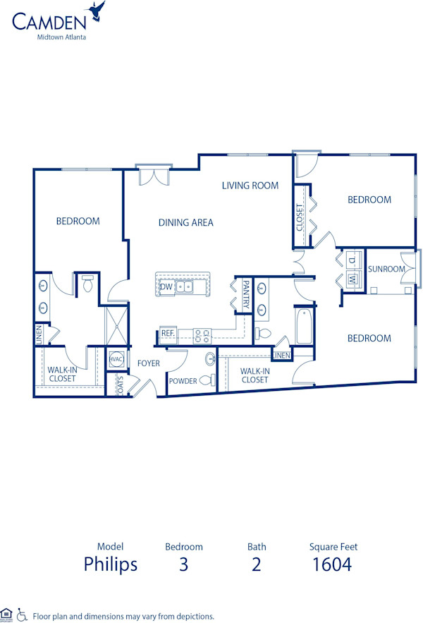 Blueprint of Philips Floor Plan, 3 Bedrooms and 2.5 Bathrooms at Camden Midtown Atlanta Apartments in Atlanta, GA