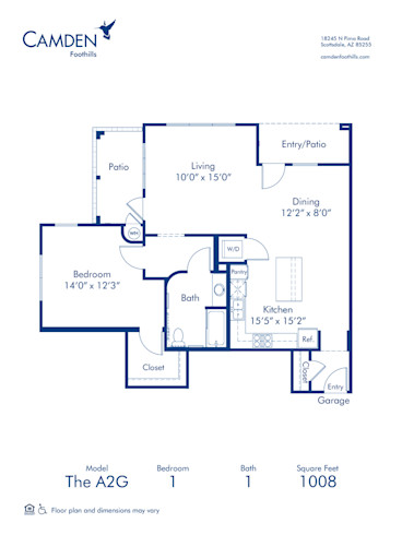 Blueprint of The A2G Floor Plan, 1 Bedroom and 1 Bathroom at Camden Foothills Apartments in Scottsdale, AZ
