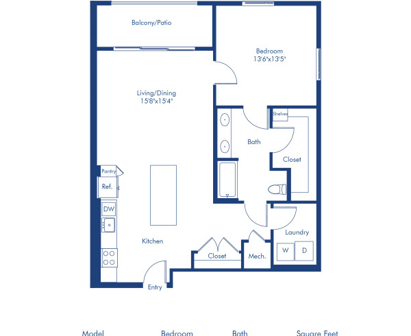 Camden Hillcrest apartments in San Diego, California one bedroom, one bath floor plan The A1