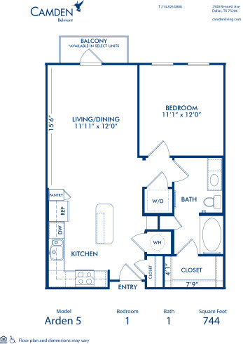 Blueprint of Arden 5 Floor Plan, 1 Bedroom and 1 Bathroom at Camden Belmont Apartments in Dallas, TX