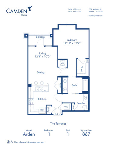 Blueprint of Arden Floor Plan, 1 Bedroom and 1 Bathroom at Camden Paces Apartments in Atlanta, GA