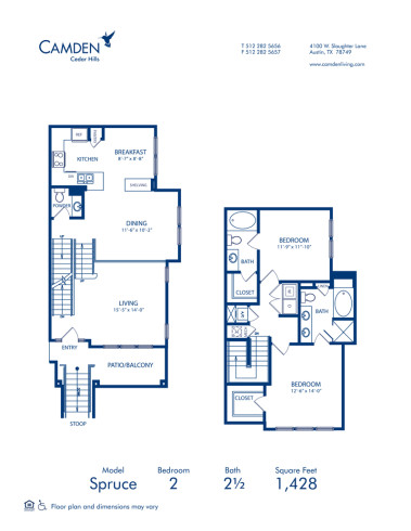 Blueprint of Spruce (Townhome) Floor Plan, 2 Bedrooms and 2.5 Bathrooms at Camden Cedar Hills Apartments in Austin, TX