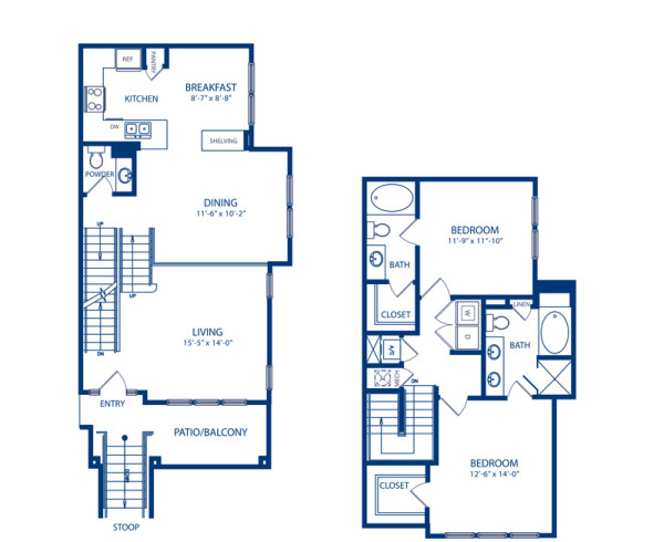 Blueprint of Spruce (Townhome) Floor Plan, 2 Bedrooms and 2.5 Bathrooms at Camden Cedar Hills Apartments in Austin, TX
