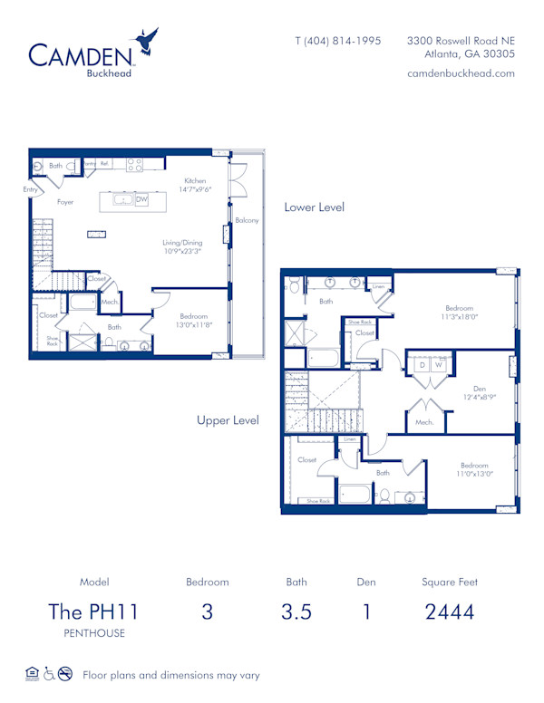 Camden Buckhead three bedroom three and a half two-story penthouse apartment in Atlanta, GA floor plan PH11