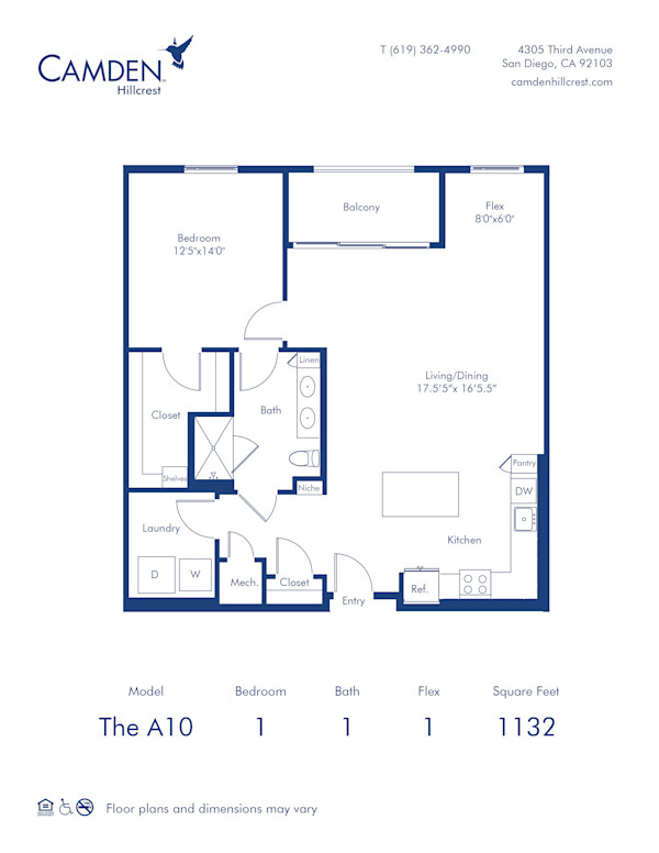 Camden Hillcrest apartments in San Diego, California one bedroom, one bath floor plan The A10