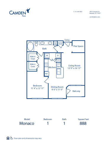 Blueprint of Monaco Floor Plan, 1 Bedroom and 1 Bathroom at Camden Plaza Apartments in Houston, TX