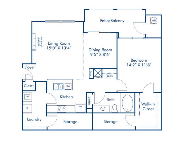 Blueprint of 1.1E Floor Plan, 1 Bedroom and 1 Bathroom at Camden Silo Creek Apartments in Ashburn, VA