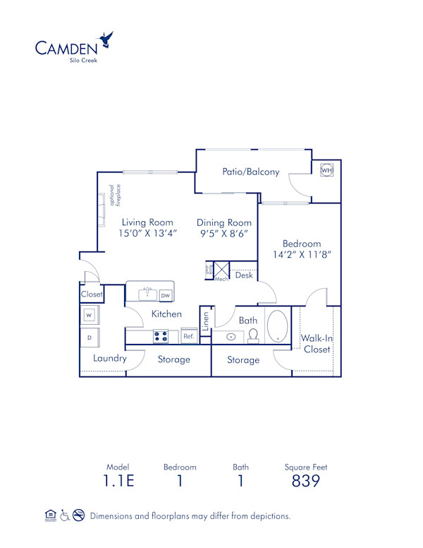 Blueprint of 1.1E Floor Plan, 1 Bedroom and 1 Bathroom at Camden Silo Creek Apartments in Ashburn, VA