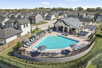 Aerial view of community pool at Camden Woodmill Creek in Spring, TX