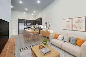 Living room, dining area, and kitchen with wood-look flooring throughout at Camden Shady Grove apartments in Rockville, MD