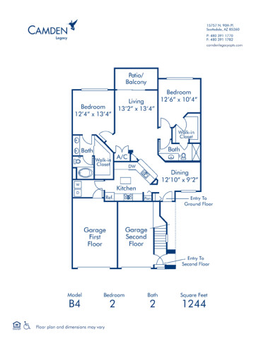 Blueprint of B4 Floor Plan, 2 Bedrooms and 2 Bathrooms at Camden Legacy Apartments in Scottsdale, AZ