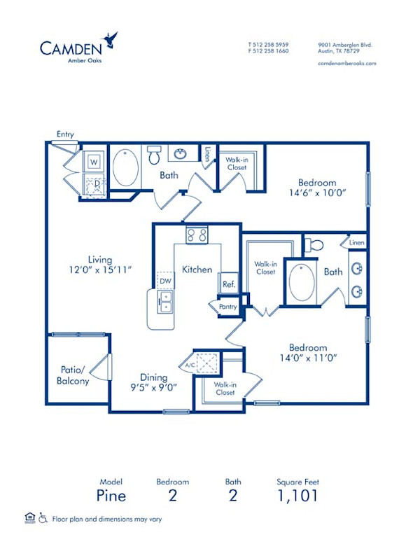 Blueprint of Pine Floor Plan, 2 Bedrooms and 2 Bathrooms at Camden Amber Oaks Apartments in Austin, TX