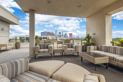 Rooftop lounge with views of Uptown Charlotte at Camden Gallery Apartments in Charlotte, NC