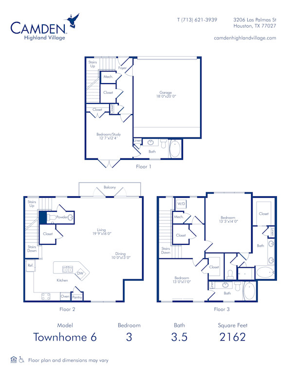 Camden Highland Village apartments in Houston, TX three bedroom townhome 6 blueprint