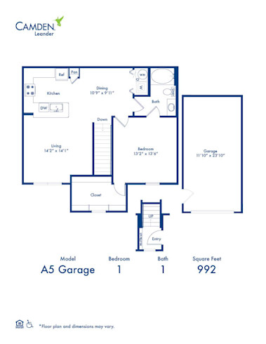 A5 floor plan at Camden Leander apartment homes in Leander, TX - a 1 bed x 1 bath apartment home with a private garage