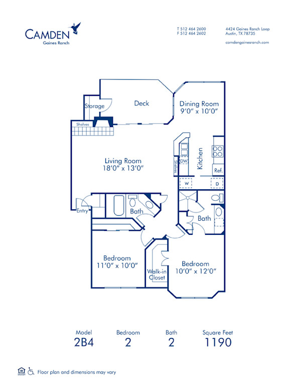 Blueprint of 2B4 Floor Plan, 2 Bedrooms and 2 Bathrooms at Camden Gaines Ranch Apartments in Austin, TX