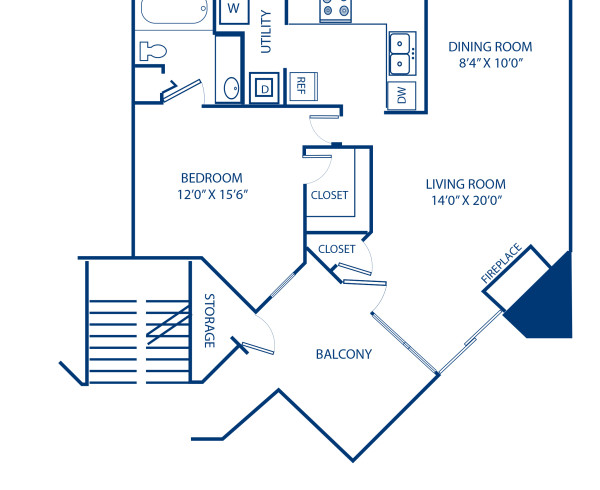 Blueprint of 1.1 - II Floor Plan, Apartment Home with 1 Bedroom and 1 Bathroom at Camden Foxcroft II in Charlotte, NC