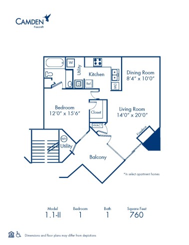 Blueprint of 1.1 - II Floor Plan, Apartment Home with 1 Bedroom and 1 Bathroom at Camden Foxcroft II in Charlotte, NC