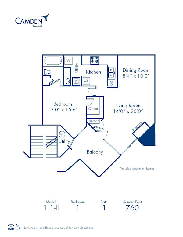 Blueprint of 1.1 - II Floor Plan, Apartment Home with 1 Bedroom and 1 Bathroom at Camden Foxcroft II in Charlotte, NC