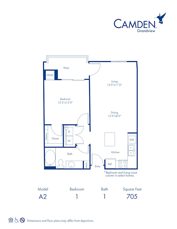 Blueprint of The Soho Floor Plan, 1 Bedroom and 1 Bathroom at Camden Grandview Apartments in Charlotte, NC