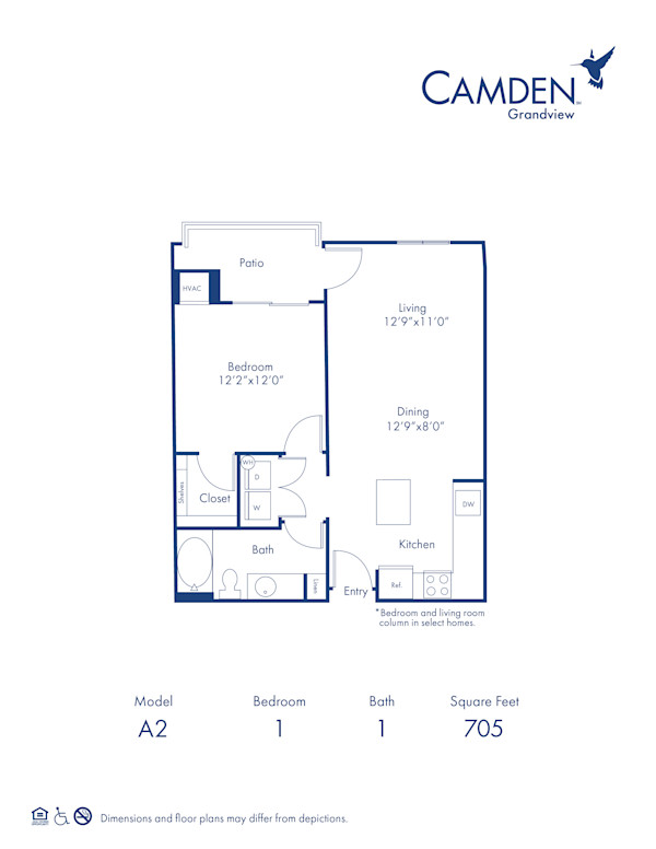 Blueprint of The Soho Floor Plan, 1 Bedroom and 1 Bathroom at Camden Grandview Apartments in Charlotte, NC