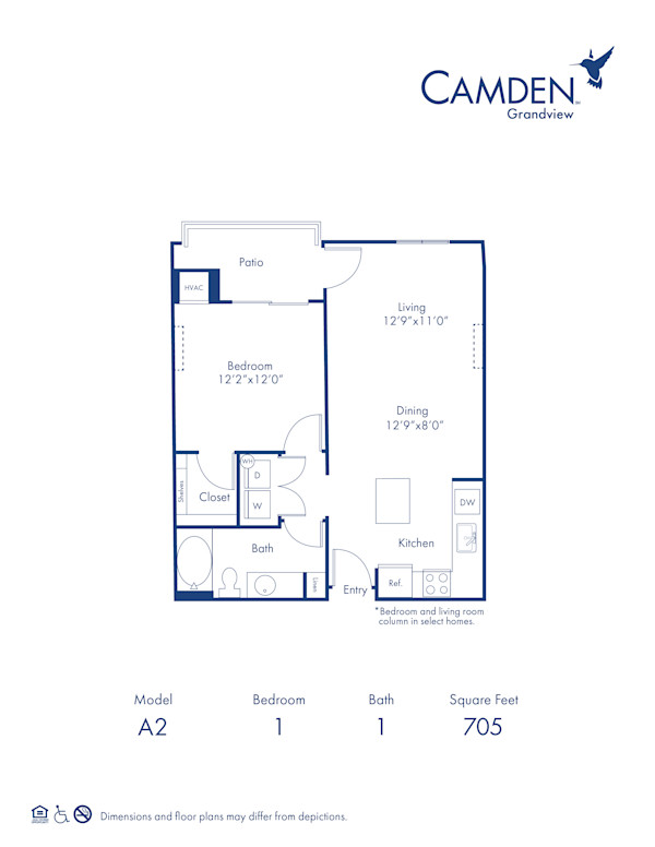Blueprint of The Soho Floor Plan, 1 Bedroom and 1 Bathroom at Camden Grandview Apartments in Charlotte, NC