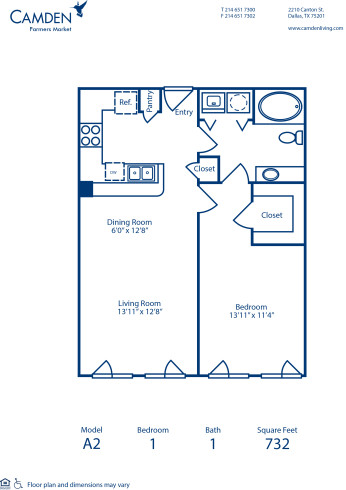Blueprint of A2 Floor Plan, 1 Bedroom and 1 Bathroom at Camden Farmers Market Apartments in Dallas, TX