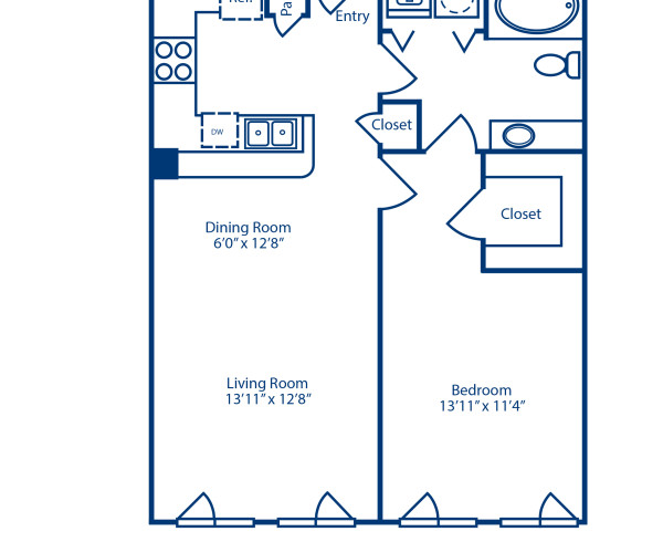 Blueprint of A2 Floor Plan, 1 Bedroom and 1 Bathroom at Camden Farmers Market Apartments in Dallas, TX