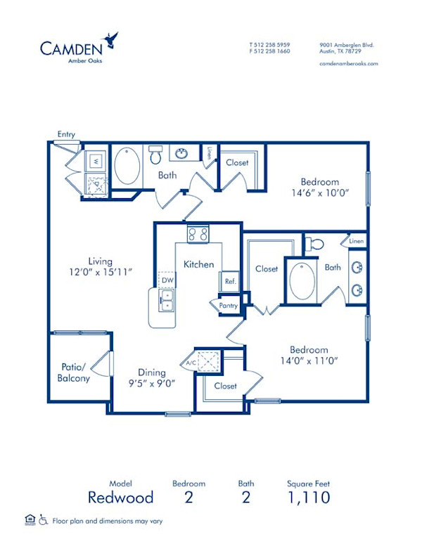 Blueprint of Redwood Floor Plan, 2 Bedrooms and 2 Bathrooms at Camden Amber Oaks Apartments in Austin, TX