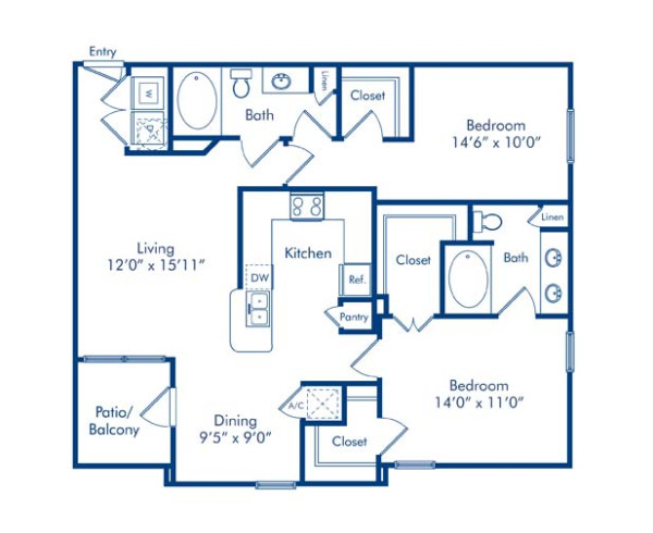 Blueprint of Redwood Floor Plan, 2 Bedrooms and 2 Bathrooms at Camden Amber Oaks Apartments in Austin, TX